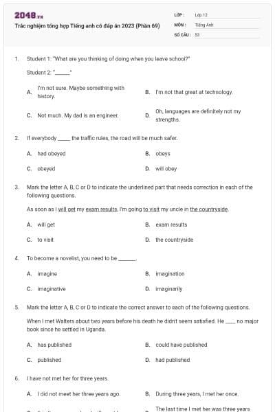 Trắc nghiệm tổng hợp Tiếng anh có đáp án 2023 (Phần 69)