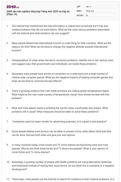 2000 câu trắc nghiệm tổng hợp Tiếng Anh 2025 có đáp án (Phần 14)