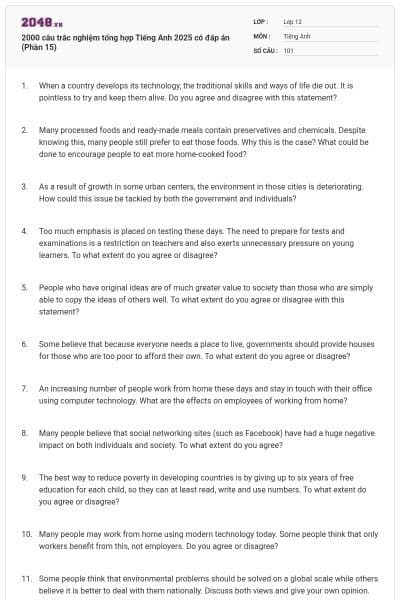 2000 câu trắc nghiệm tổng hợp Tiếng Anh 2025 có đáp án (Phần 15)