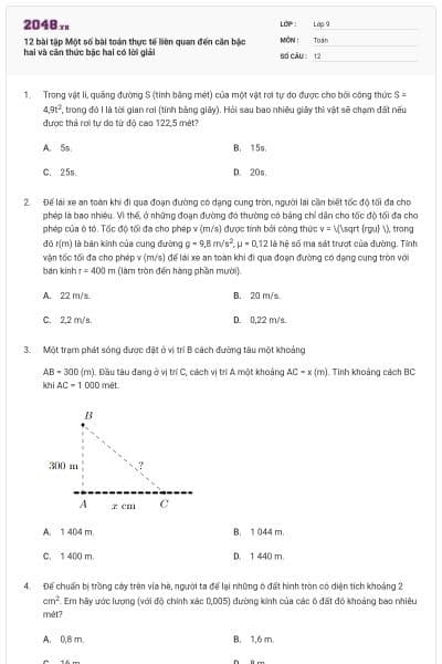12 bài tập Một số bài toán thực tế liên quan đến căn bậc hai và căn thức bậc hai có lời giải