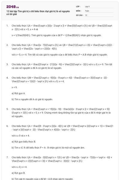 12 bài tập Tìm giá trị x để biểu thức đạt giá trị là số nguyên có lời giải