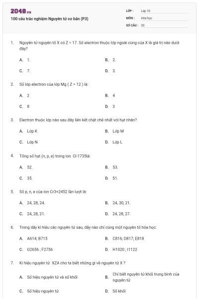 100 câu trắc nghiệm Nguyên tử cơ bản (P3)