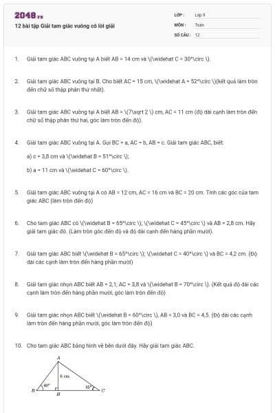 12 bài tập Giải tam giác vuông có lời giải
