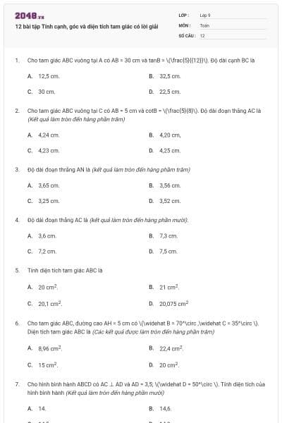 12 bài tập Tính cạnh, góc và diện tích tam giác có lời giải