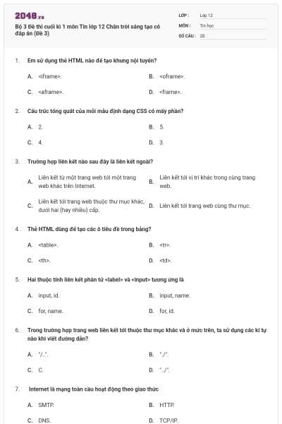Bộ 3 Đề thi cuối kì 1 môn Tin lớp 12 Chân trời sáng tạo có đáp án (Đề 3)