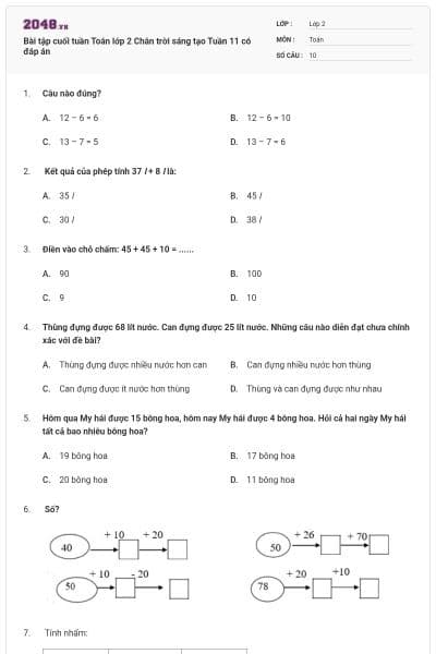 Bài tập cuối tuần Toán lớp 2 Chân trời sáng tạo Tuần 11 có đáp án