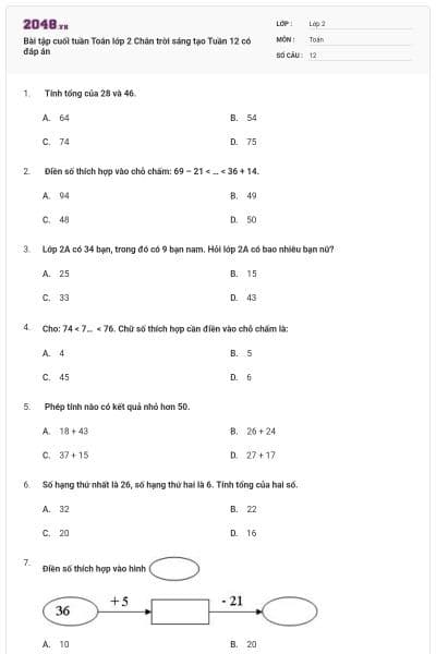 Bài tập cuối tuần Toán lớp 2 Chân trời sáng tạo Tuần 12 có đáp án