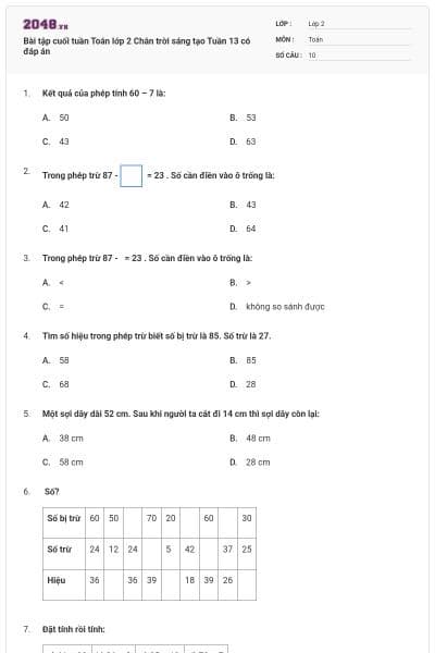 Bài tập cuối tuần Toán lớp 2 Chân trời sáng tạo Tuần 13 có đáp án