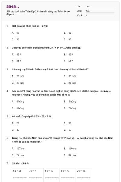 Bài tập cuối tuần Toán lớp 2 Chân trời sáng tạo Tuần 14 có đáp án