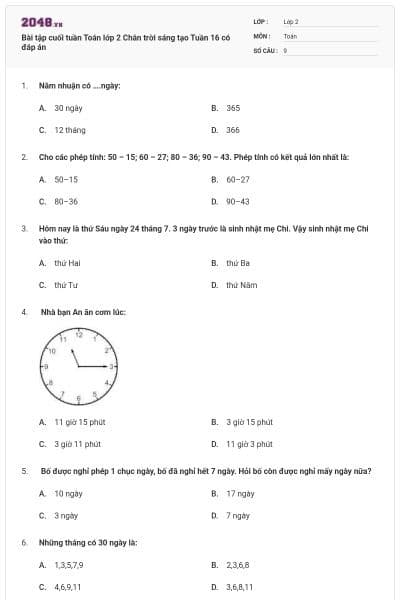 Bài tập cuối tuần Toán lớp 2 Chân trời sáng tạo Tuần 16 có đáp án