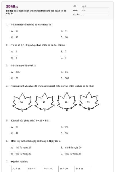 Bài tập cuối tuần Toán lớp 2 Chân trời sáng tạo Tuần 17 có đáp án