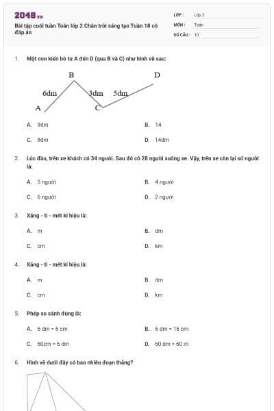 Bài tập cuối tuần Toán lớp 2 Chân trời sáng tạo Tuần 18 có đáp án