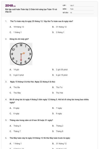 Bài tập cuối tuần Toán lớp 2 Chân trời sáng tạo Tuần 15 có đáp án