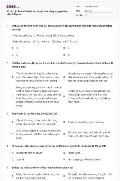 50 bài tập Trao đổi chất và chuyển hóa năng lượng ở thực vật có đáp án