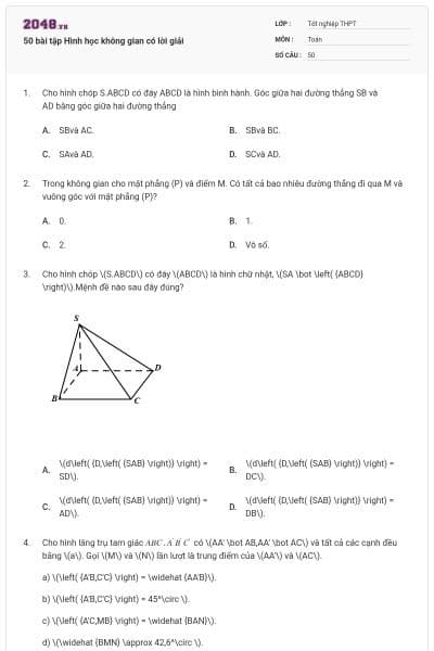50 bài tập Hình học không gian có lời giải