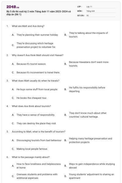Bộ 5 đề thi cuối kỳ 2 môn Tiếng Anh 11 năm 2023-2024 có đáp án (Đề 1)
