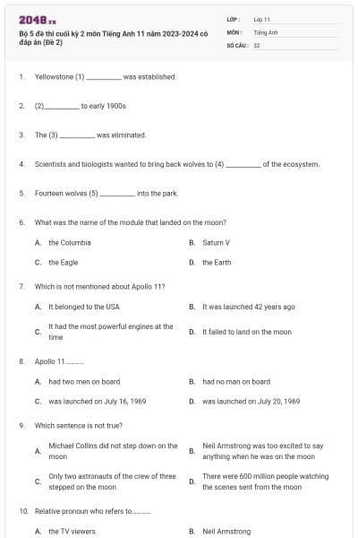 Bộ 5 đề thi cuối kỳ 2 môn Tiếng Anh 11 năm 2023-2024 có đáp án (Đề 2)