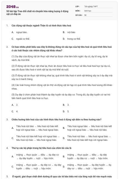50 bài tập Trao đổi chất và chuyển hóa năng lượng ở động vật có đáp án