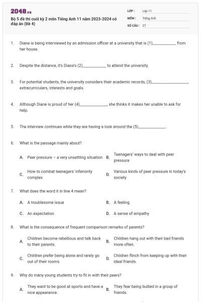 Bộ 5 đề thi cuối kỳ 2 môn Tiếng Anh 11 năm 2023-2024 có đáp án (Đề 4)