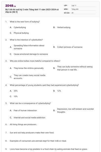 Bộ 5 đề thi cuối kỳ 2 môn Tiếng Anh 11 năm 2023-2024 có đáp án (Đề 5)