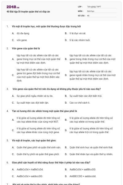 40 Bài tập Di truyền quần thể có đáp án