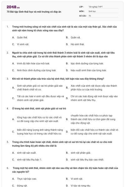 70 Bài tập Sinh thái học và môi trường có đáp án