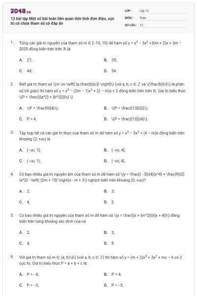 12 bài tập Một số bài toán liên quan đến tính đơn điệu, cực trị có chứa tham số có đáp án