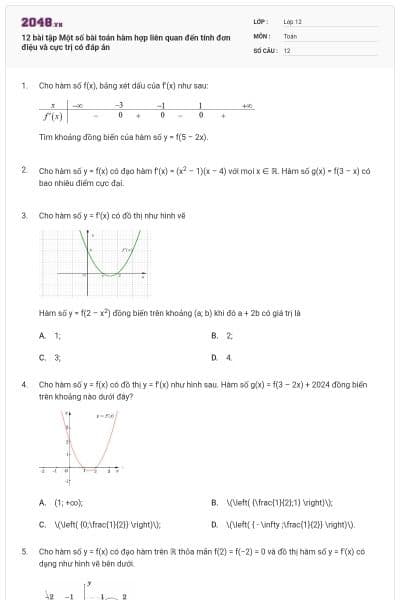 12 bài tập Một số bài toán hàm hợp liên quan đến tính đơn điệu và cực trị có đáp án