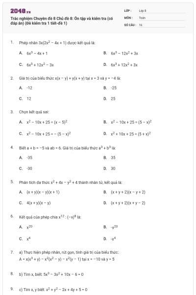 Trắc nghiệm Chuyên đề 8 Chủ đề 8: Ôn tập và kiểm tra (có đáp án) (Đề kiểm tra 1 tiết-đề 1)