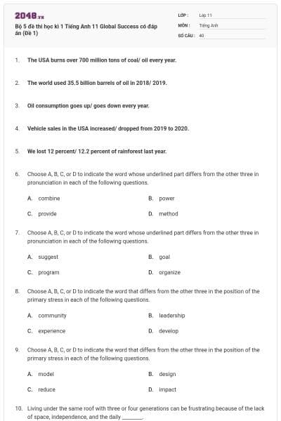Bộ 5 đề thi học kì 1 Tiếng Anh 11 Global Success có đáp án (Đề 1)