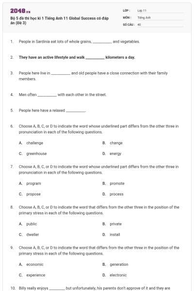 Bộ 5 đề thi học kì 1 Tiếng Anh 11 Global Success có đáp án (Đề 3)
