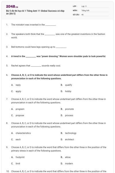 Bộ 5 đề thi học kì 1 Tiếng Anh 11 Global Success có đáp án (Đề 5)
