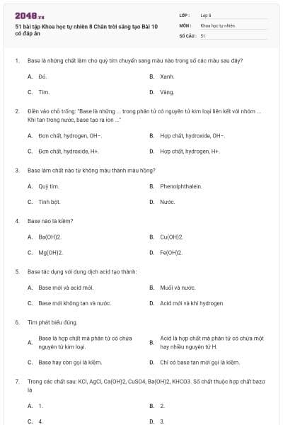 51 bài tập Khoa học tự nhiên 8 Chân trời sáng tạo Bài 10 có đáp án