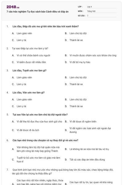 7 câu trắc nghiệm Tự đọc sách báo Cánh diều có đáp án