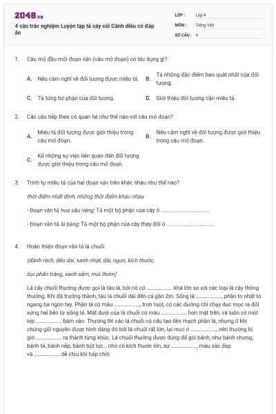 4 câu trắc nghiệm Luyện tập tả cây cối Cánh diều có đáp án