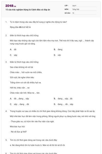 15 câu trắc nghiệm Động từ Cánh diều có đáp án