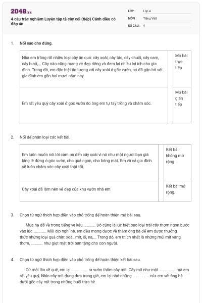 4 câu trắc nghiệm Luyện tập tả cây cối (tiếp) Cánh diều có đáp án