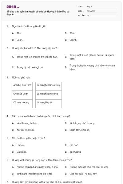 15 câu trắc nghiệm Người cô của bé Hương Cánh diều có đáp án