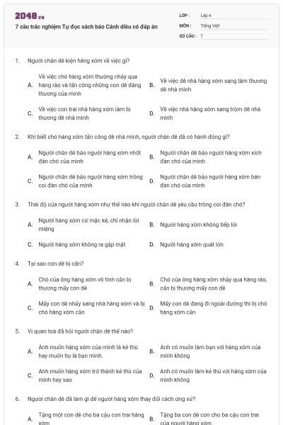 7 câu trắc nghiệm Tự đọc sách báo Cánh diều có đáp án