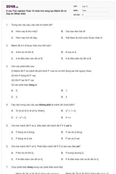 8 câu Trắc nghiệm Toán 10 chân trời sáng tạo Mệnh đề có đáp án (Nhận biết)