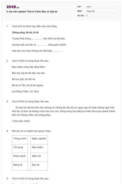 6 câu trắc nghiệm Tính từ Cánh diều có đáp án