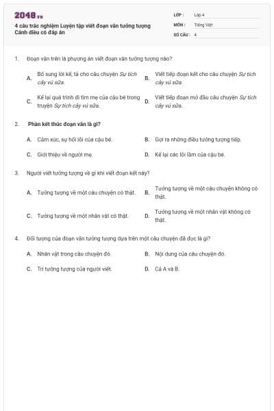 4 câu trắc nghiệm Luyện tập viết đoạn văn tưởng tượng Cánh diều có đáp án