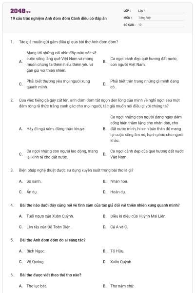 19 câu trắc nghiệm Anh đom đóm Cánh diều có đáp án