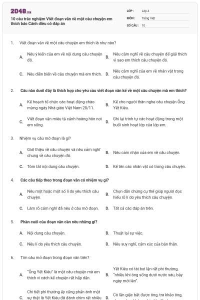 10 câu trắc nghiệm Viết đoạn văn về một câu chuyện em thích báo Cánh diều có đáp án