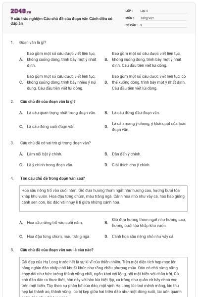 9 câu trắc nghiệm Câu chủ đề của đoạn văn Cánh diều có đáp án