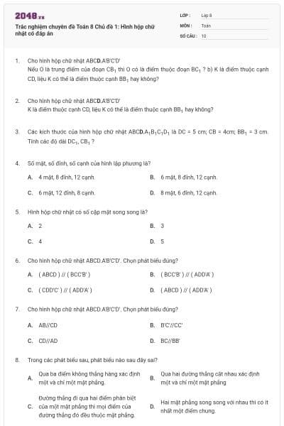Trắc nghiệm chuyên đề Toán 8 Chủ đề 1: Hình hộp chữ nhật có đáp án