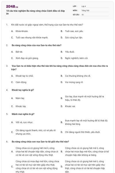 18 câu trắc nghiệm Ba nàng công chúa Cánh diều có đáp án