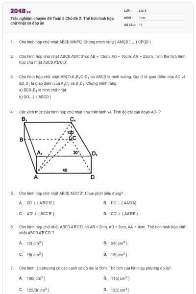 Trắc nghiệm chuyên đề Toán 8 Chủ đề 2: Thể tích hình hộp chữ nhật có đáp án