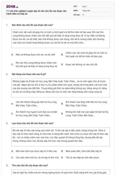 11 câu trắc nghiệm Luyện tập về câu chủ đề của đoạn văn Cánh diều có đáp án