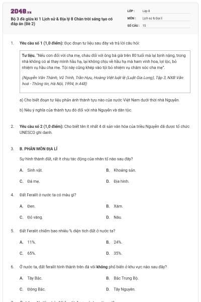 Bộ 3 đề giữa kì 1 Lịch sử & Địa lý 8 Chân trời sáng tạo có đáp án (Đề 2)
